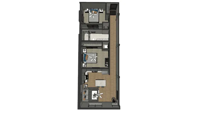 Modern 2D floor plan featuring two bedrooms, a cozy living space, sleek kitchen, and spacious hallway.