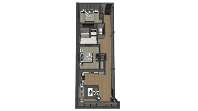 Contemporary apartment floor plan showcasing 2 cozy bedrooms, an elegant living room, and a sleek kitchen with modern amenities.