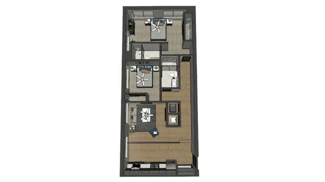 Modern 3D apartment floor plan with three bedrooms, elegant open living and dining areas, and a sleek kitchen.