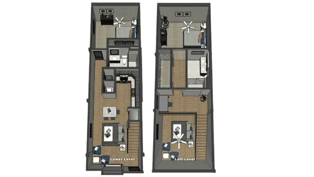 Contemporary 3D floor plan showcasing a stylish two-level apartment with two bedrooms, a modern kitchen, and spacious living areas.