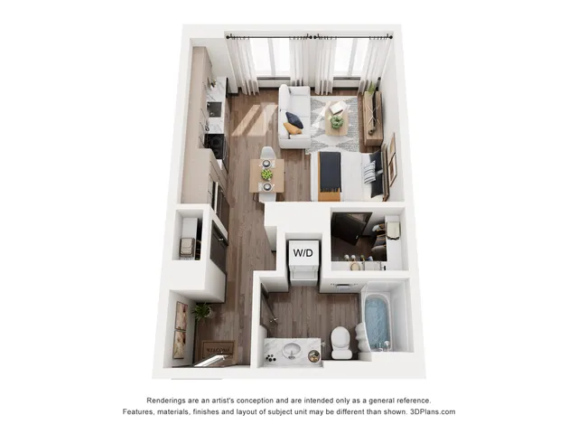 Modern 3D floor plan highlighting an open living area, cozy bedroom, sleek kitchen, and stylish bathroom with in-unit laundry.