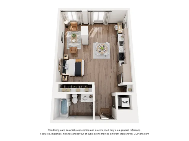Modern studio apartment 3D floor plan with an open-concept design showcasing a chic living area, elegant kitchen, cozy bedroom nook, and a stylish bathroom.