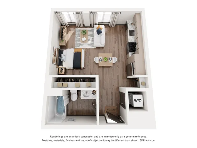 Modern studio apartment floor plan featuring an open-concept living area, sleek kitchen, cozy bedroom, and stylish bathroom with in-unit washer and dryer.