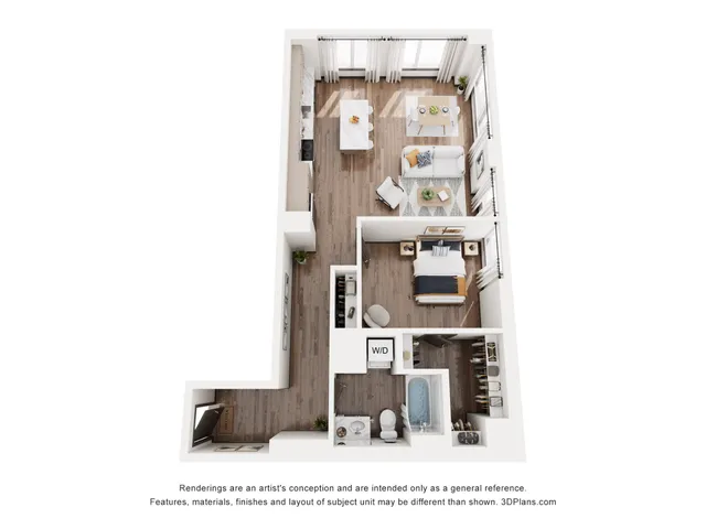 Modern floor plan showcasing a spacious 1-bedroom apartment with an open-concept living area, sleek kitchen, and a cozy dining space.
