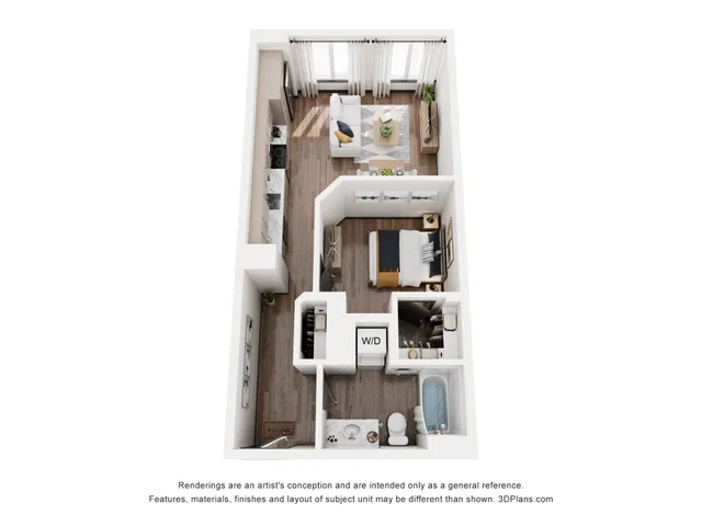 Modern 3D floor plan featuring a 1-bedroom layout, open kitchen, cozy living room, and a stylish bathroom with a bathtub.