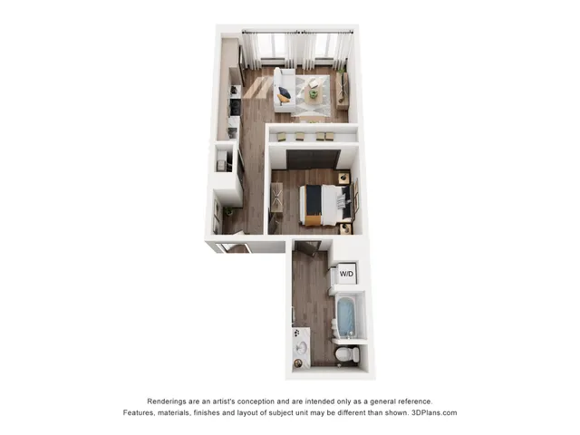 Contemporary 3D floor plan showcasing a cozy one-bedroom apartment with an inviting living area, modern kitchen, and convenient in-unit washer and dryer.