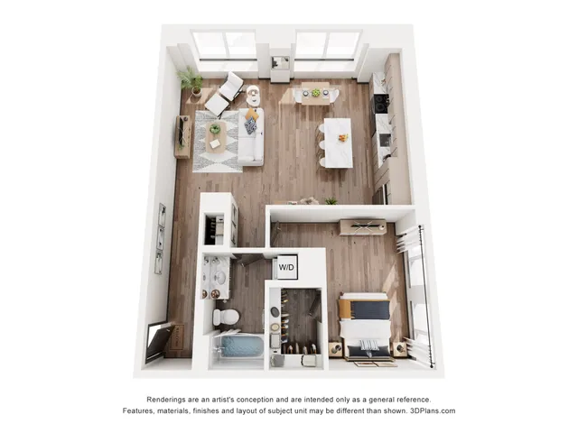Modern open-concept 1-bedroom apartment floor plan featuring a cozy living area and stylish kitchen with ample natural light.