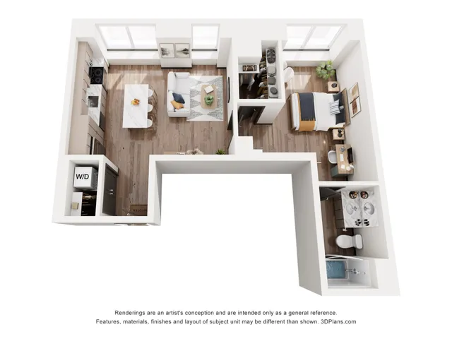 Contemporary floor plan showcasing 1 bedroom apartment with open living area, modern kitchen, and elegant bathroom.