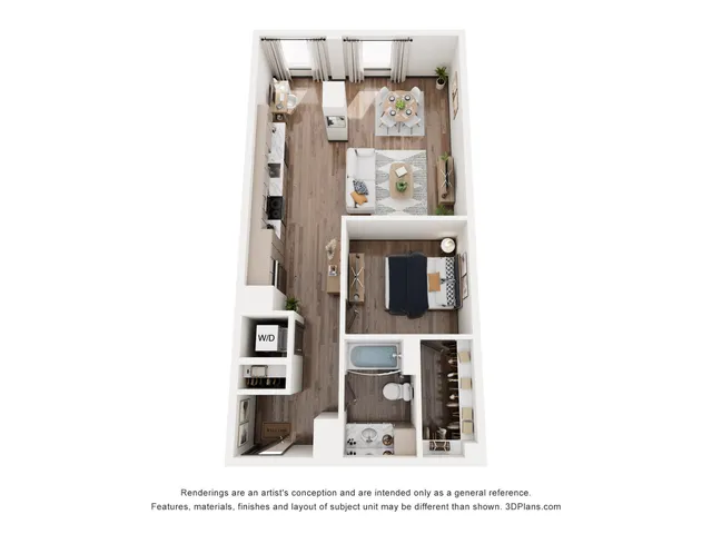 Modern apartment floor plan with one bedroom, stylish open-concept living and dining area, sleek kitchen, and cozy office nook.