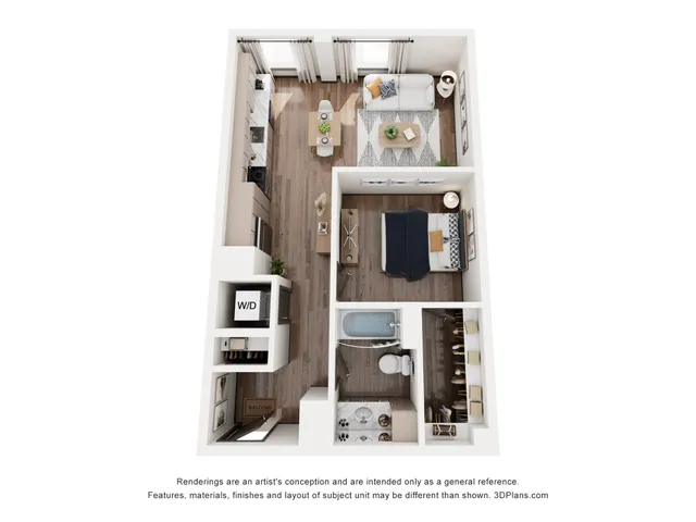 Modern 3D floor plan featuring a cozy 1-bedroom with an open living area, stylish kitchen, and compact bathroom, perfect for urban living.