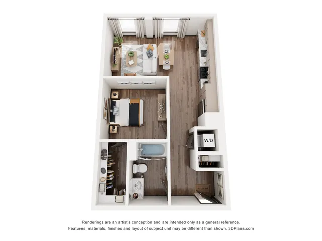 Modern 3D floor plan showcasing a cozy one-bedroom apartment with a spacious living area, elegant kitchen, and stylish bathroom.