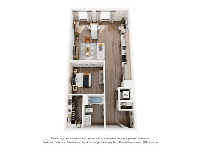 Modern 3D floor plan showcasing an open-concept living and dining area, sleek kitchen, cozy bedroom, and elegant bathroom with laundry space.