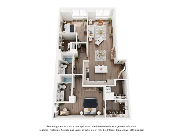 Modern floor plan showcasing a cozy 2-bedroom apartment with open-concept living and dining area, stylish kitchen, and two elegant bathrooms.