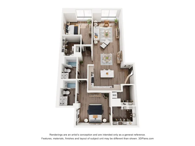 Modern 3D floor plan showcasing a spacious apartment with two bedrooms, two bathrooms, an open living area, and a sleek kitchen with a dining table. Ideal for contemporary living.