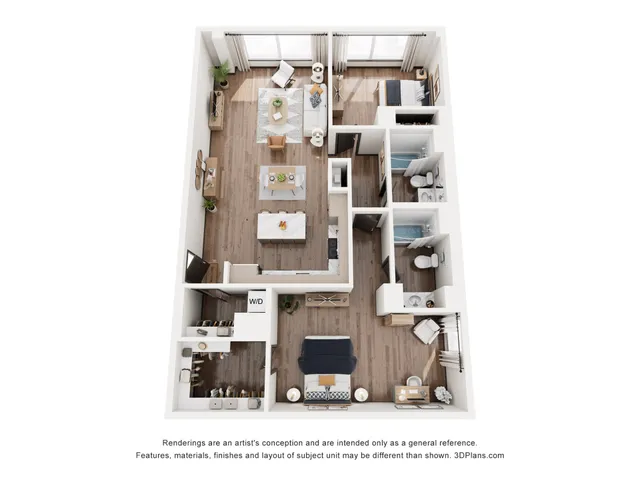 Modern 3D floor plan showcasing a spacious two-bedroom apartment with an open-concept living and dining area, sleek kitchen, and two bathrooms.