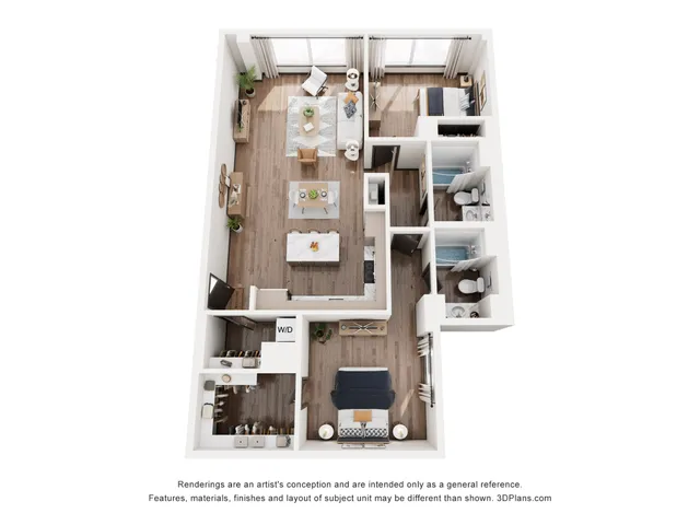Modern 3D floor plan showcasing a sleek one-bedroom apartment with a spacious living area, contemporary kitchen, and two luxurious bathrooms.