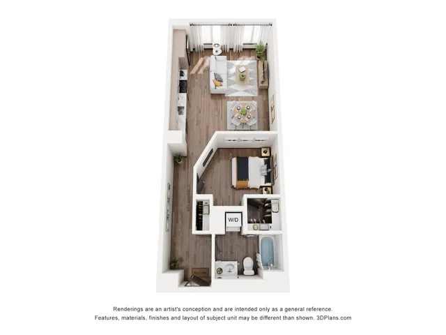 Elegant 1-bedroom apartment floor plan with cozy living area, modern kitchen, dining space, and convenient laundry closet.