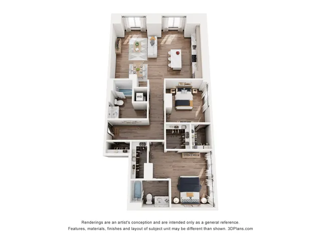 Modern 3D floor plan featuring three spacious bedrooms, an open living and dining area, and a contemporary kitchen.