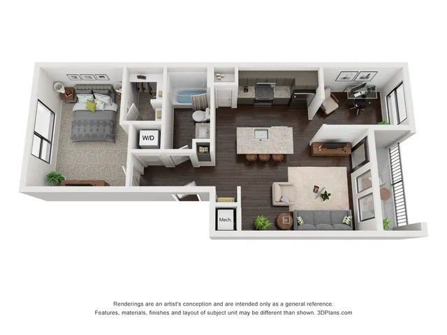 Modern 3D floor plan with a cozy bedroom, stylish open kitchen, and inviting living area, perfect for contemporary living.