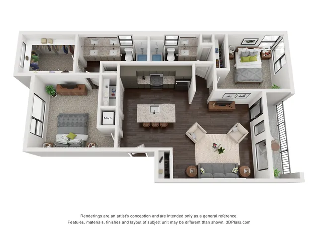 Modern 3D floor plan showcasing two elegant bedrooms, a spacious living area, and a sleek kitchen with an island, ideal for contemporary living.