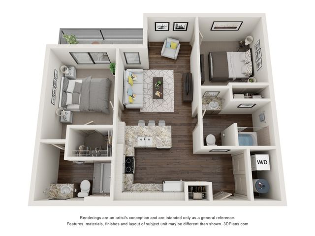 Modern 3D floor plan featuring 2 bedrooms, cozy living area, sleek kitchen with island, and private balcony access.