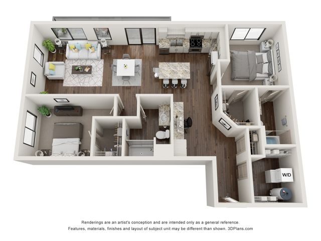 Modern 3D floor plan showcasing a spacious two-bedroom apartment with open-concept living and dining area, stylish kitchen, and elegant hardwood flooring.