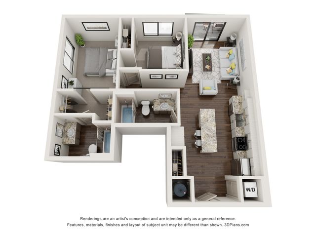 Elegant 3D floor plan showcasing 2 bedrooms, a modern kitchen with granite countertops, and an inviting open-concept living area. Features 2 luxurious bathrooms and a convenient in-unit washer-dryer space.