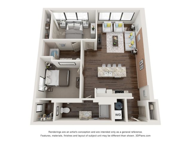Modern 3D floor plan showcasing 2 bedrooms, an elegant open kitchen with island seating, and a cozy living room with large windows.