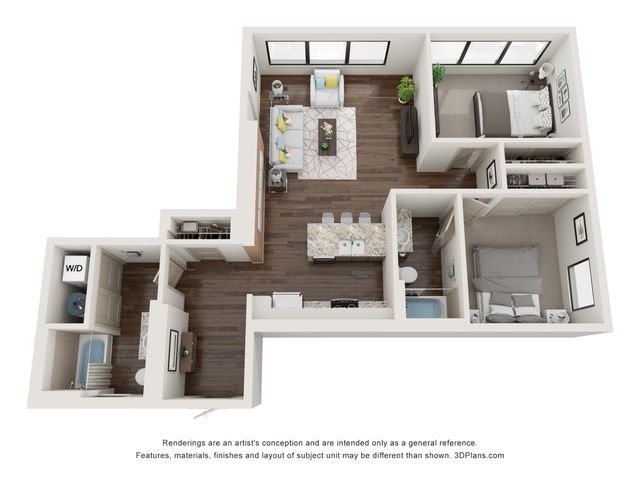 Modern floor plan with two bedrooms, contemporary kitchen, and cozy living area featuring large windows and elegant wood flooring.