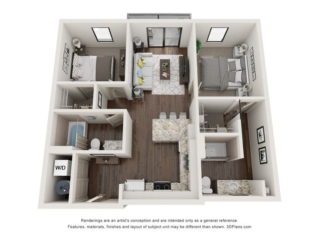 Charming 3D apartment floor plan with two cozy bedrooms, modern kitchen with island, open living area, and two elegant bathrooms.