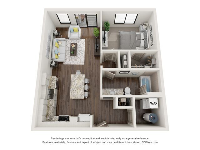 Modern open-concept floor plan featuring a spacious living room, sleek kitchen with island seating, elegant bedroom, bathroom with tub, and convenient laundry area.