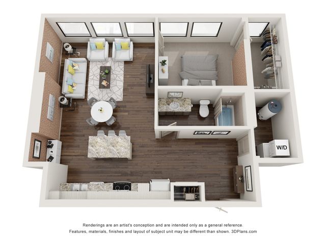Modern and inviting 3D floor plan featuring an open-concept living area, stylish kitchen with island, cozy bedroom, elegant bathroom, and convenient laundry space.