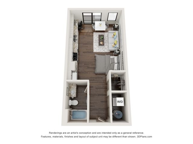 Chic apartment layout showcasing an open-concept kitchen and living area, cozy bedroom, elegant bathroom, and convenient in-unit washer/dryer.