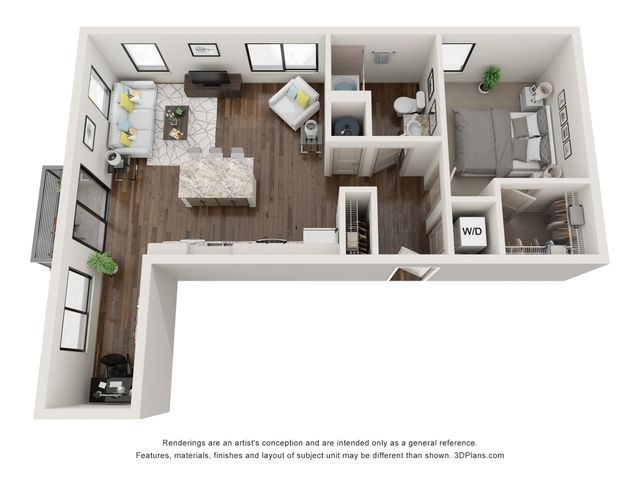 Chic 3D floor plan showcasing a spacious 1-bedroom apartment with a modern kitchen, inviting living area, and convenient laundry space. Elegant hardwood floors and contemporary decor complete the stylish look.