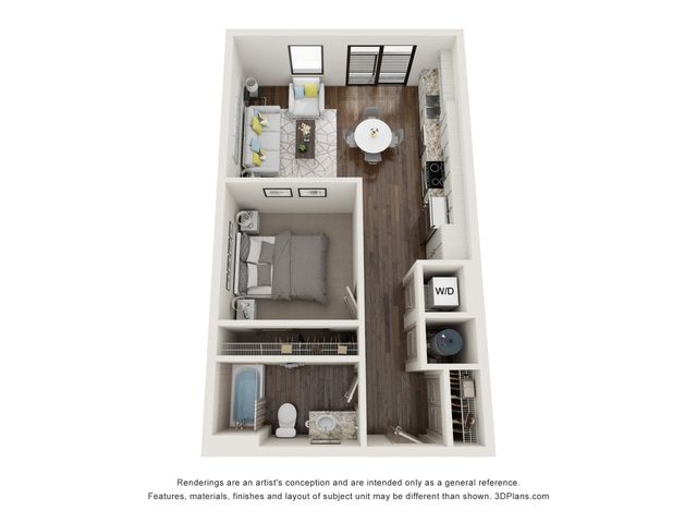 Modern 3D floor plan showcasing a cozy one-bedroom apartment with open living area, sleek kitchen, and in-unit washer/dryer.