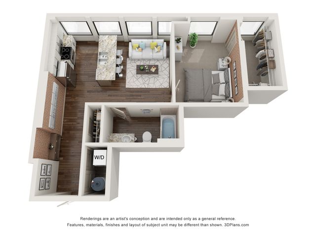 Contemporary 3D floor plan showcasing a chic 1-bedroom apartment with a modern kitchen, spacious living area, and stylish bathroom.