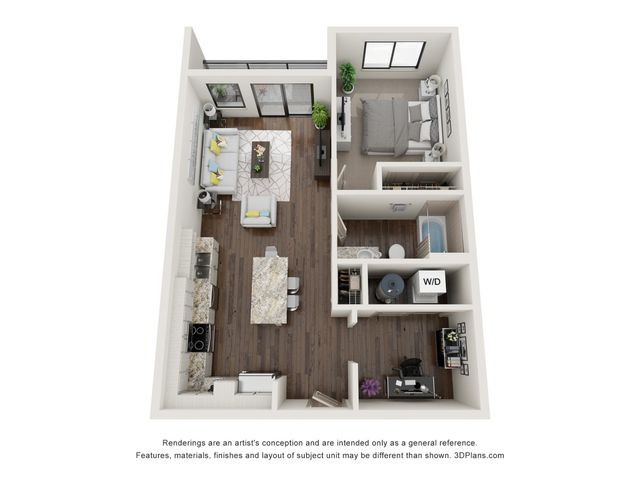 Modern 3D floor plan featuring a well-designed 1 bedroom apartment with a stylish kitchen, cozy living area, sleek bathroom, and convenient laundry space.
