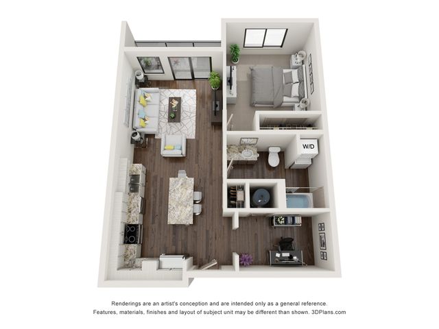 Modern 3D floor plan featuring an elegant one-bedroom apartment with open-concept living area, sleek kitchen, cozy bedroom, and stylish home office. Includes a bathroom, washer/dryer, and balcony for a sophisticated urban lifestyle.