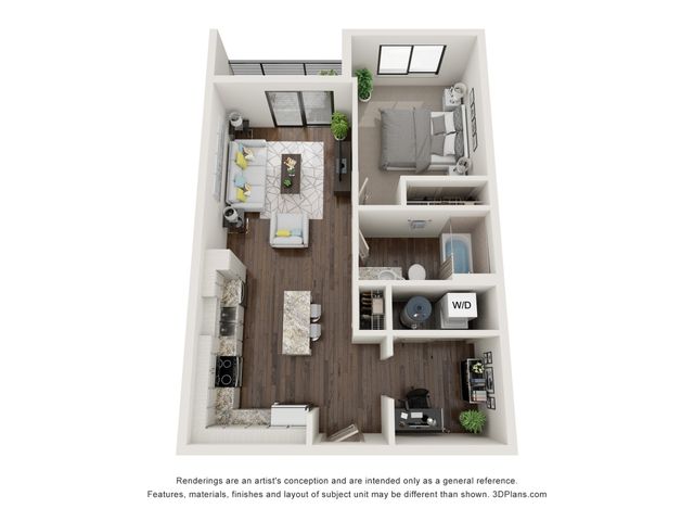 Chic 3D apartment layout featuring an elegant bedroom, modern open-plan living area, stylish kitchen with island, and a cozy home office.