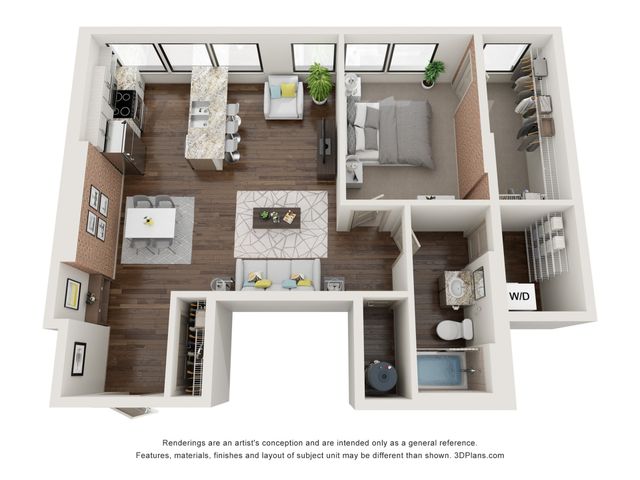 Modern and spacious 3D floor plan showcasing one bedroom, a stylish open kitchen with breakfast bar, cozy living area, and bathroom. Features hardwood floors and large windows for natural light.