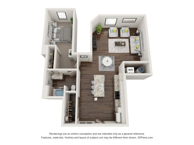 Modern 3D floor plan showcasing a chic one-bedroom apartment with an inviting open-concept living and dining area, stylish kitchen with granite countertops, and convenient in-unit washer/dryer.