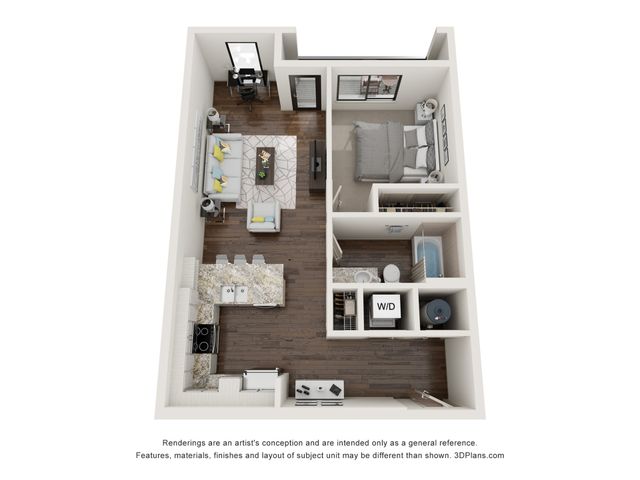Contemporary 3D floor plan showcasing a one-bedroom apartment with an open living area, modern kitchen, and cozy workspace.