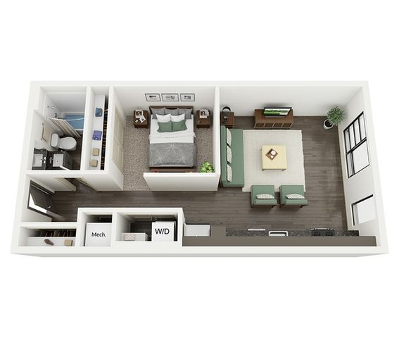 Modern 3D floor plan featuring a cozy bedroom, spacious living area, and an efficient kitchen layout with in-unit laundry facilities.