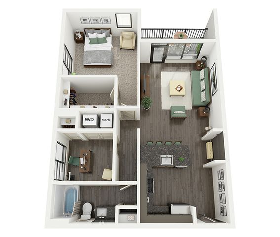 Chic 3D floor plan showcasing a modern one-bedroom apartment with a spacious living area, open kitchen, cozy bedroom, and balcony.