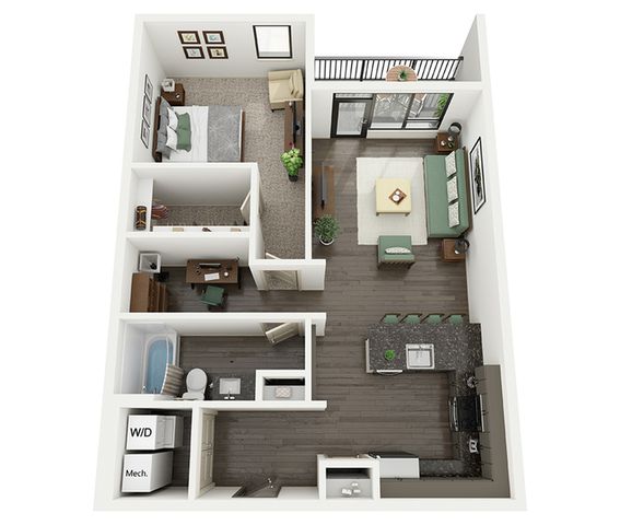 Modern 3D floor plan showcasing a chic one-bedroom apartment with open living area, elegant kitchen, inviting balcony, and spacious bathroom.