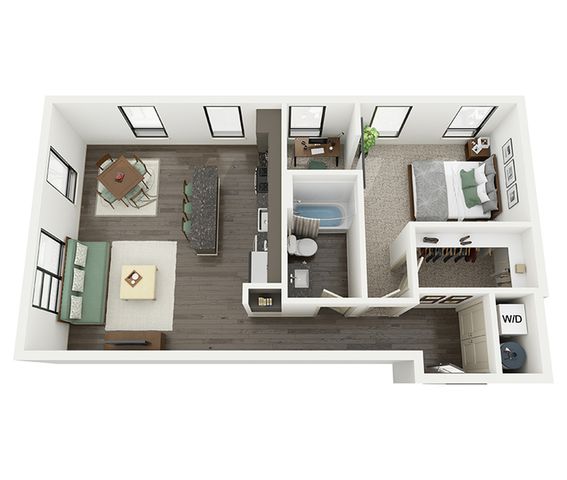 Modern one-bedroom apartment floor plan featuring an open living area, sleek kitchen with island, cozy dining space, comfortable bedroom, spacious bathroom, ample closet, and in-unit washer and dryer.