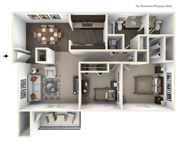 Modern 3D floor plan showcasing a spacious two-bedroom apartment with elegant living area, stylish kitchen, and cozy dining space.