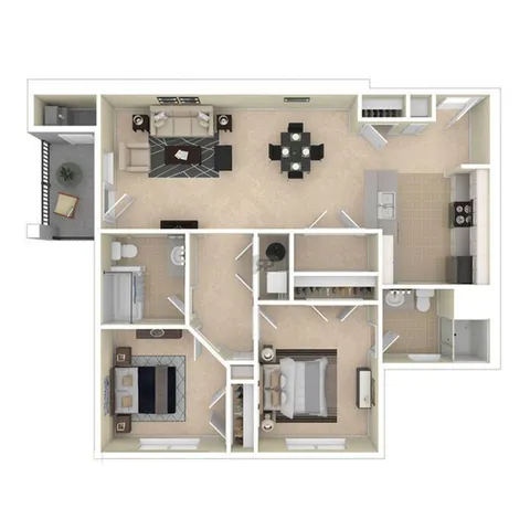 Contemporary floor plan showcasing 3 bedrooms, open living and dining area, and a modern kitchen with sleek design.