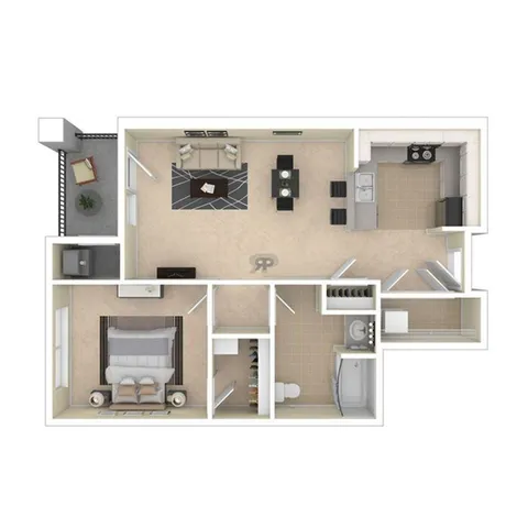 Modern 2D floor plan showcasing a spacious 1-bedroom apartment with an open-concept living area, stylish kitchen, and private balcony.