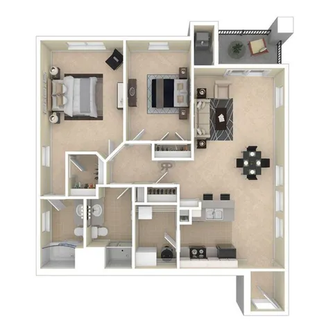 Modern floor plan featuring two cozy bedrooms, a spacious living area, sleek kitchen with island, two bathrooms, and a private balcony.